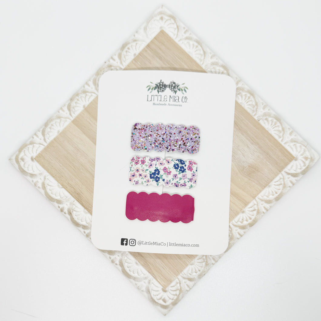 Purple Pink Floral Glitter 2” Snap Clip Trio