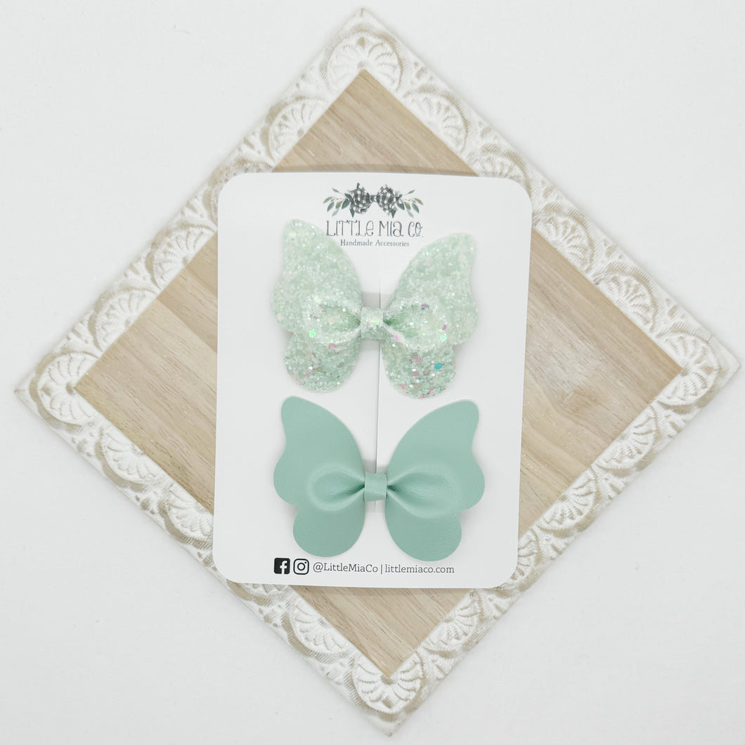 Light Green Glitter Butterfly Clip Duo