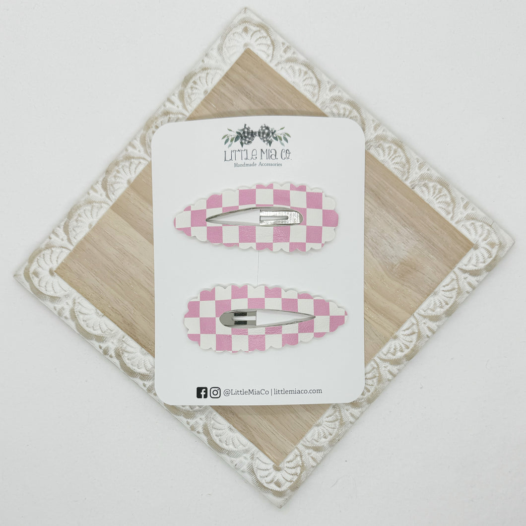 Pink Check Scalloped Snap Clip Duo